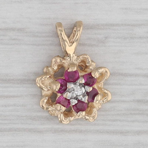 Gray 0.12ctw Ruby Diamond Flower Pendant 10k Yellow Gold Small Floral Drop