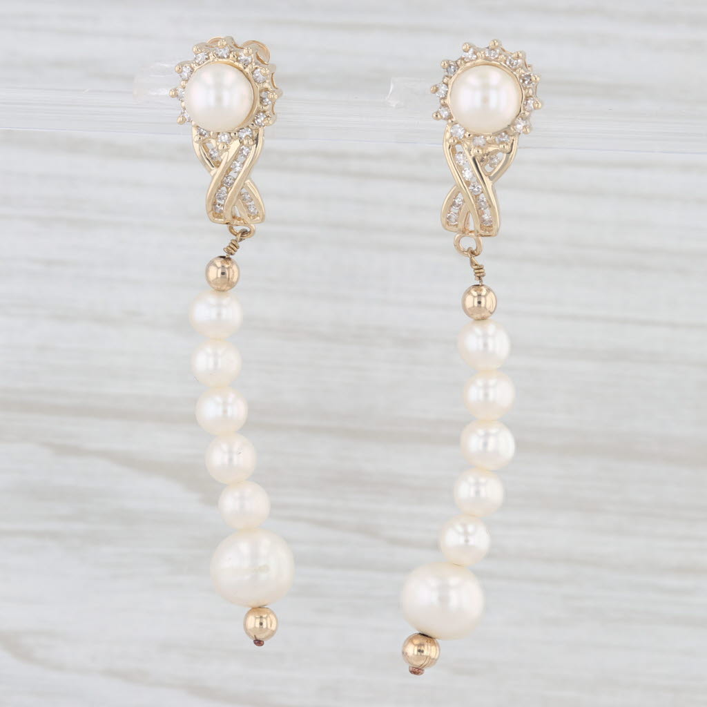 Light Gray Cultured Pearl Diamond Drop Earrings 14k Yellow Gold Dangles