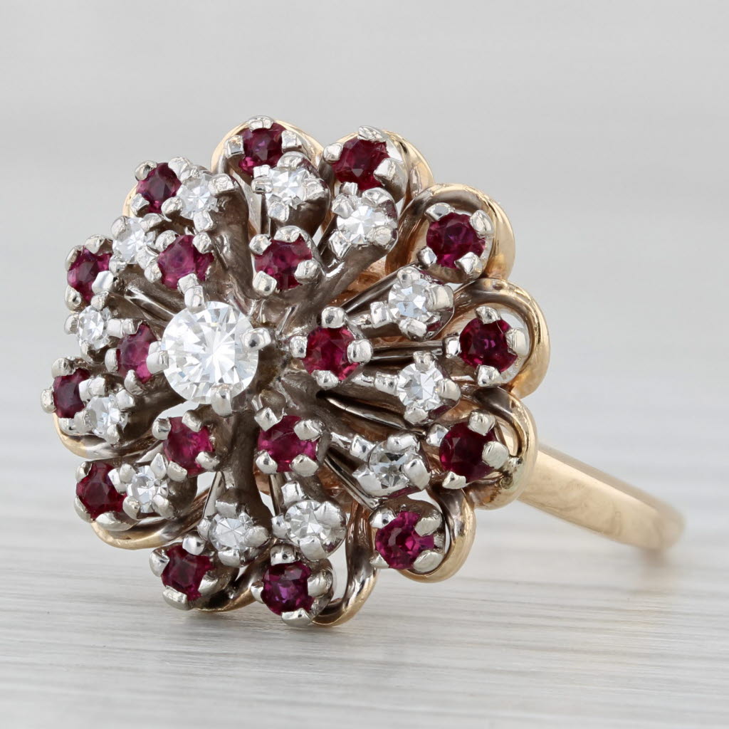 Light Gray 0.90ctw Ruby Diamond Cluster Ring 14k Yellow Gold Size 9 Vintage