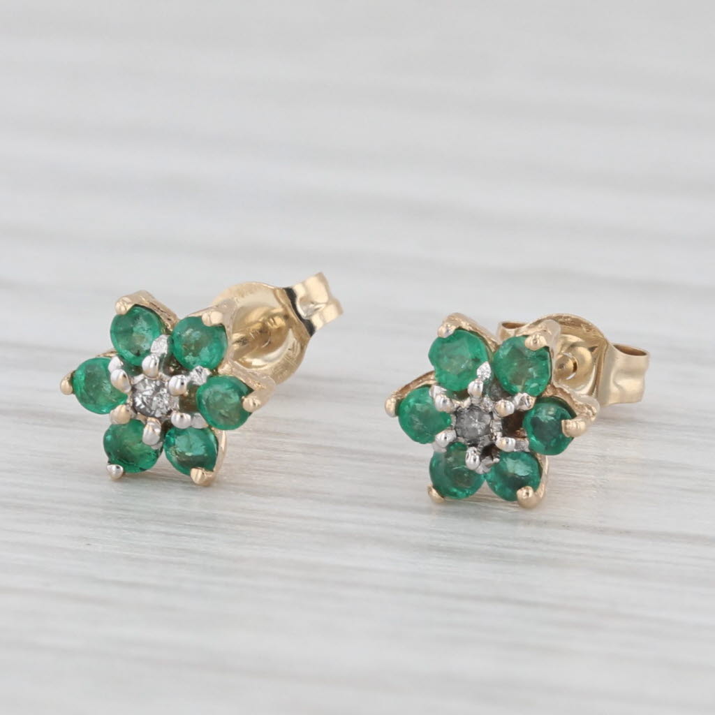 Light Gray 0.20ctw Emerald Flower Stud Earrings 14k Yellow Gold Diamond Accents