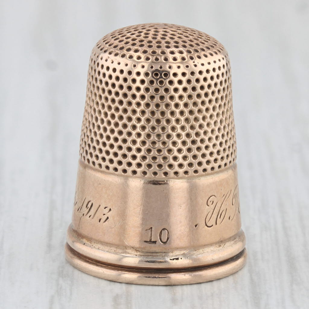 Light Gray Antique Engraved Thimble 10k Yellow Gold Sewing Keepsake Collectible Size 10