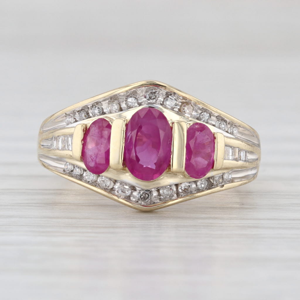 1.55ctw Ruby 3-Stone Diamond Ring 10k Yellow Gold Size 6
