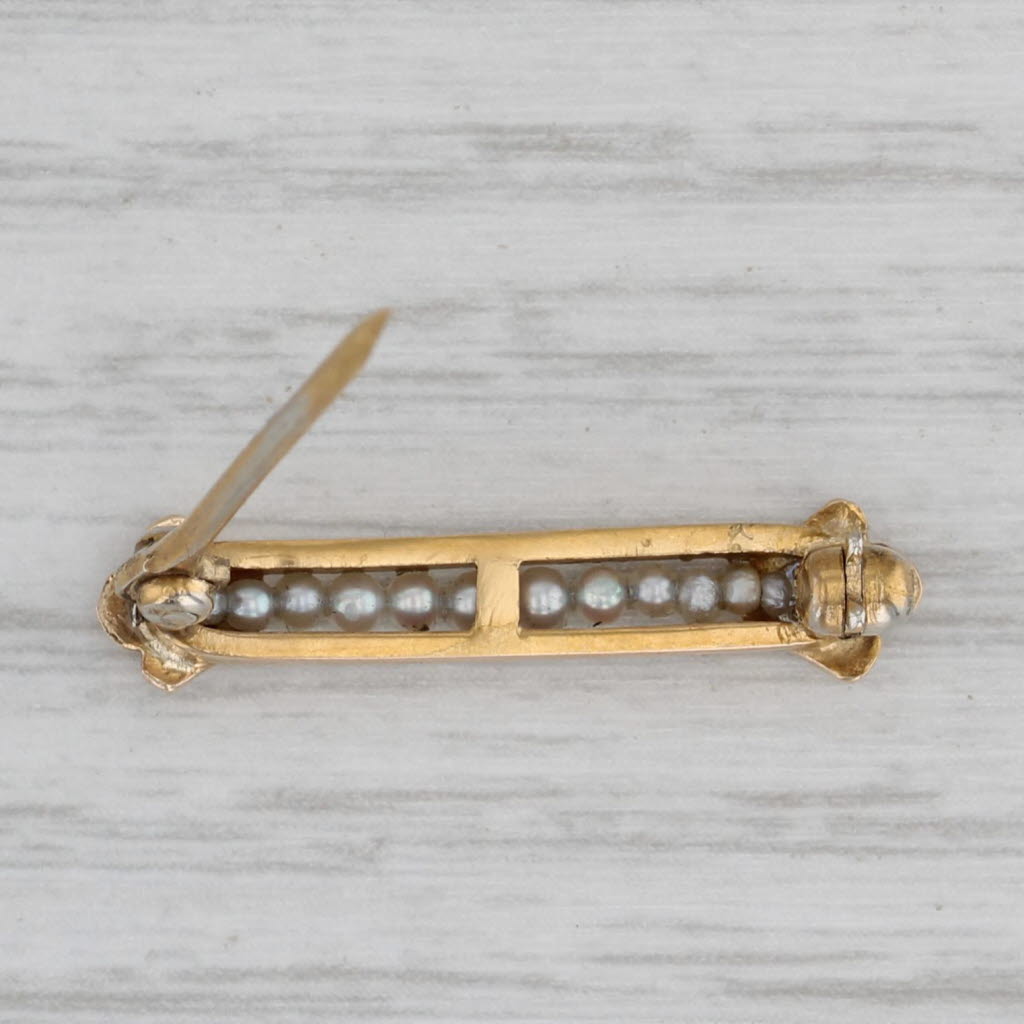 Gray Seed Pearl Diamond Small Bar Pin 10k Yellow Gold