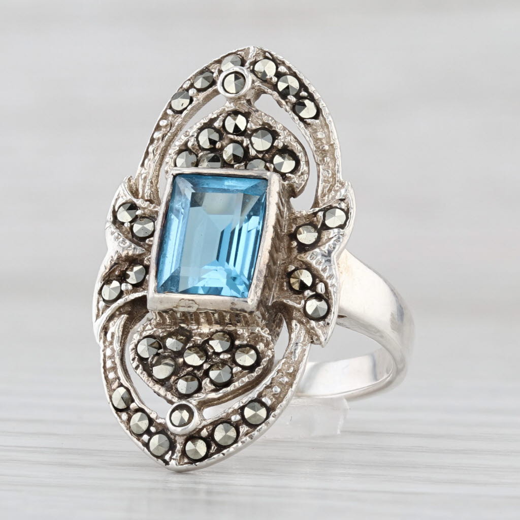Vintage 1.85ct Blue Topaz Marcasite Cocktail Ring Sterling Silver Size 5.25
