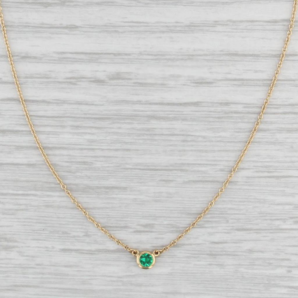 Tiffany Peretti Color by the Yard Emerald Solitaire Necklace 18k Gold Boxes 16"