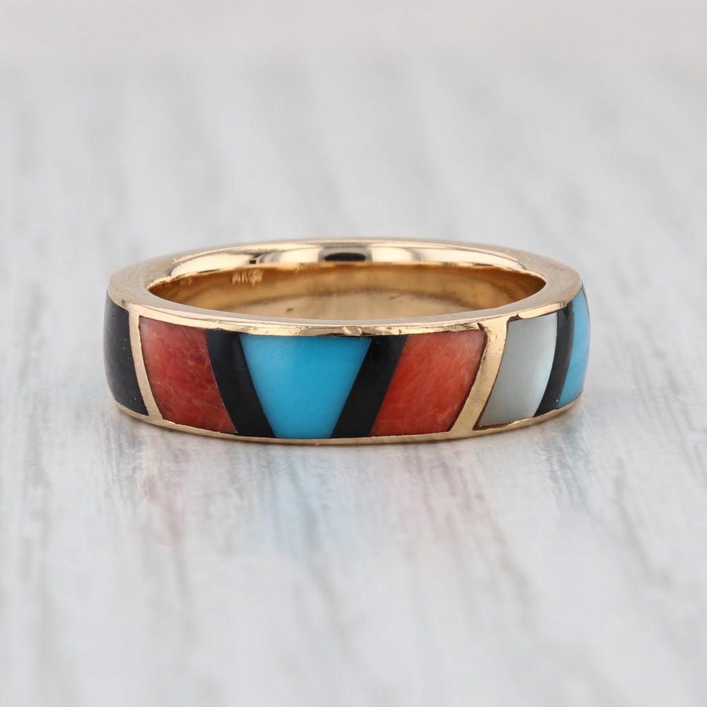 Vintage Native American Stone Mosaic Ring 14k Yellow Gold Size 8 Stackable Band