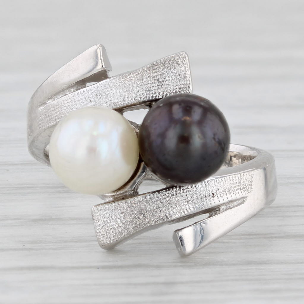 Light Gray Cultured Black & White Pearl Bypass Ring 14k White Gold Size 3.5