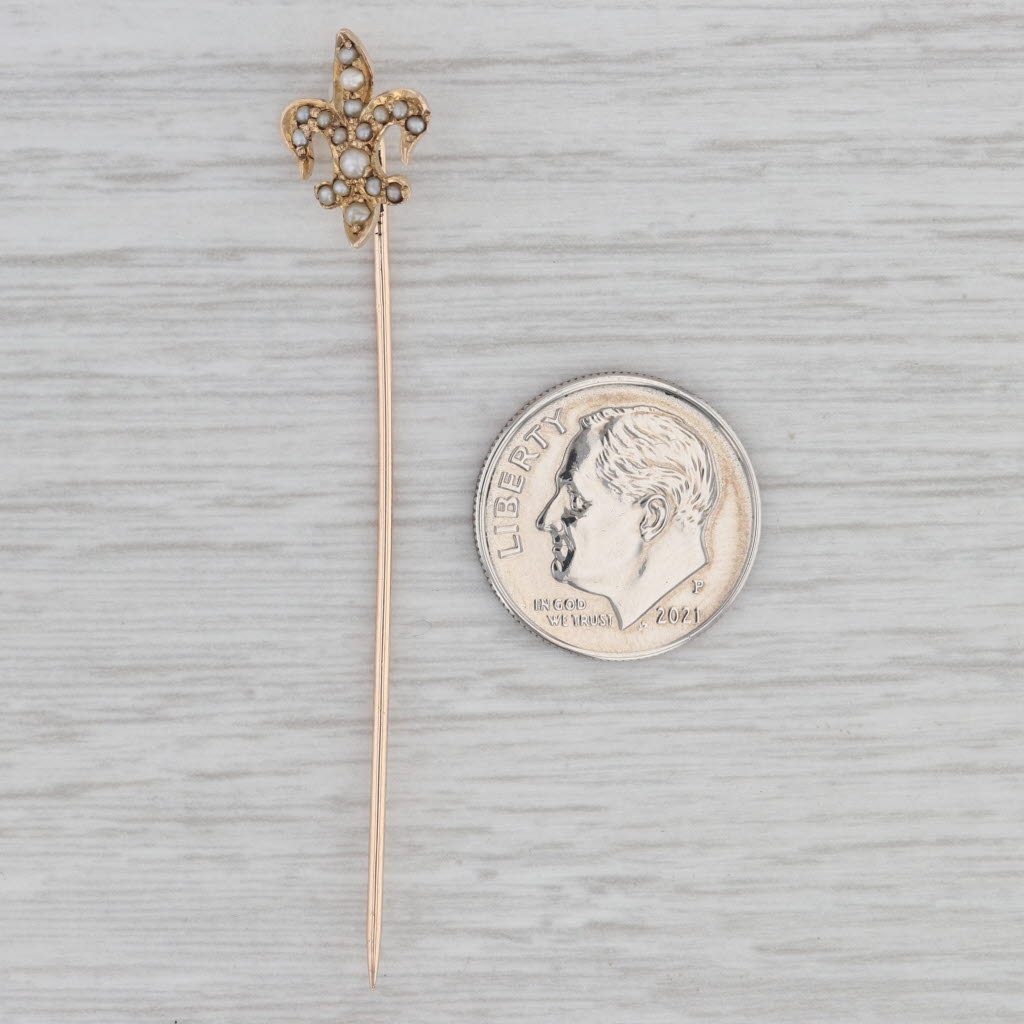 Gray Antique 10k Yellow Gold Stick Pin Fleur De Lis Seed Pearl Accents