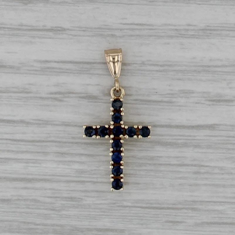 0.50ctw Blue Sapphire Cross Pendant 14k Yellow Gold Small Drop