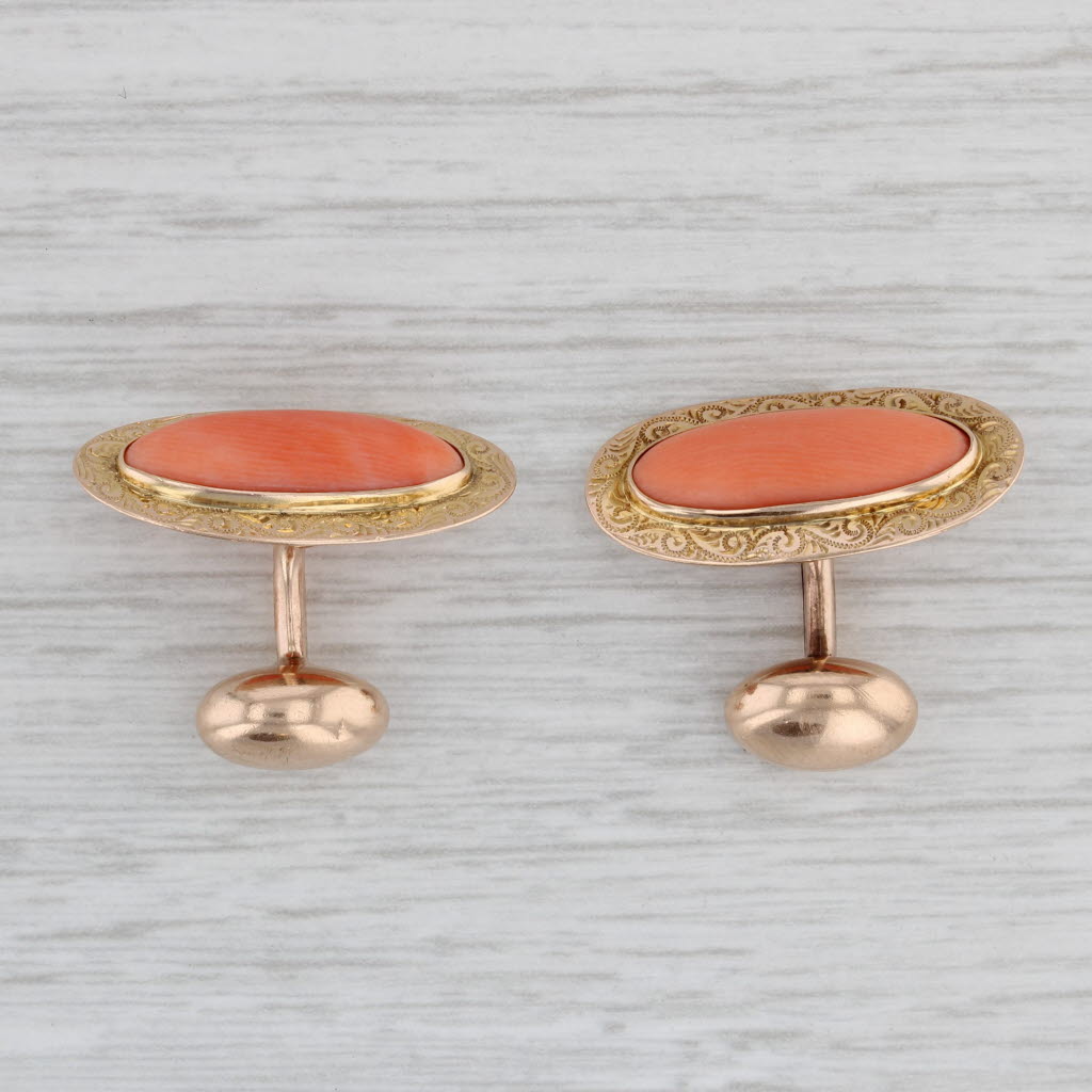 Gray Antique Coral Cufflinks 10k Yellow Gold Oval Cabochon