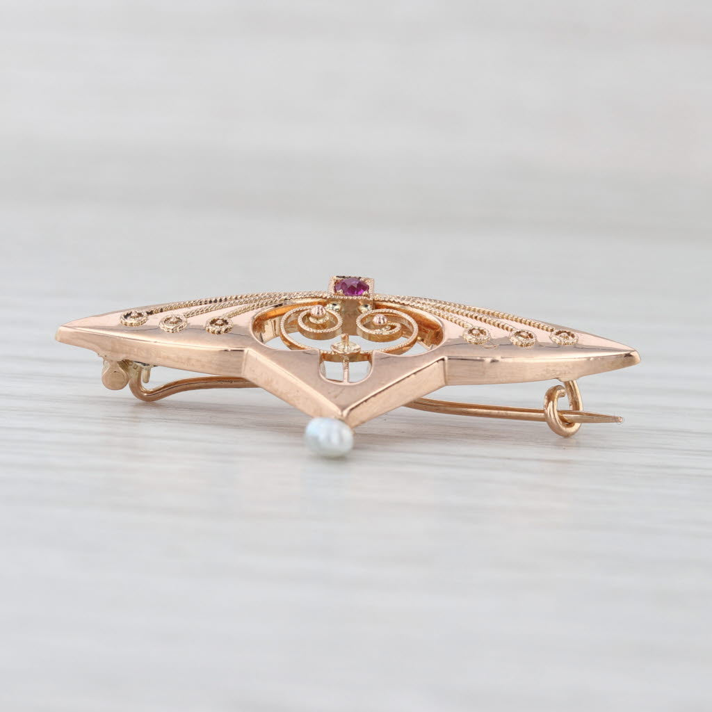Ornate Antique Ruby Pearl Brooch 14k Rose Gold Pin