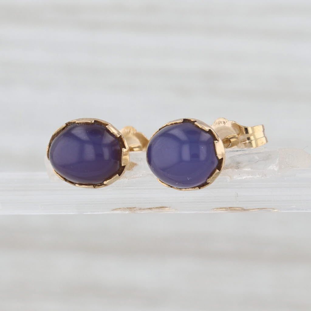 Vintage Violet Chalcedony Oval Cabochon Stud Earrings 14k Yellow Gold Studs