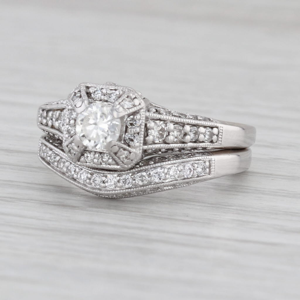 Gabriel & CO 1.06ctw Diamond Halo Engagement Ring Wedding Band Set 14k Gold