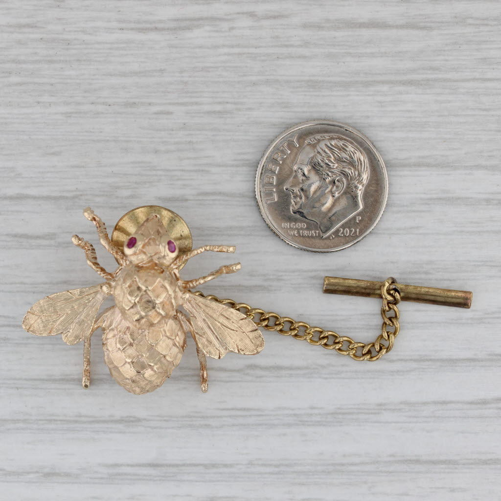 Gray Ruby Eyed Bumble Bee Brooch Tie Tac Pin 10k Yellow Gold Vintage