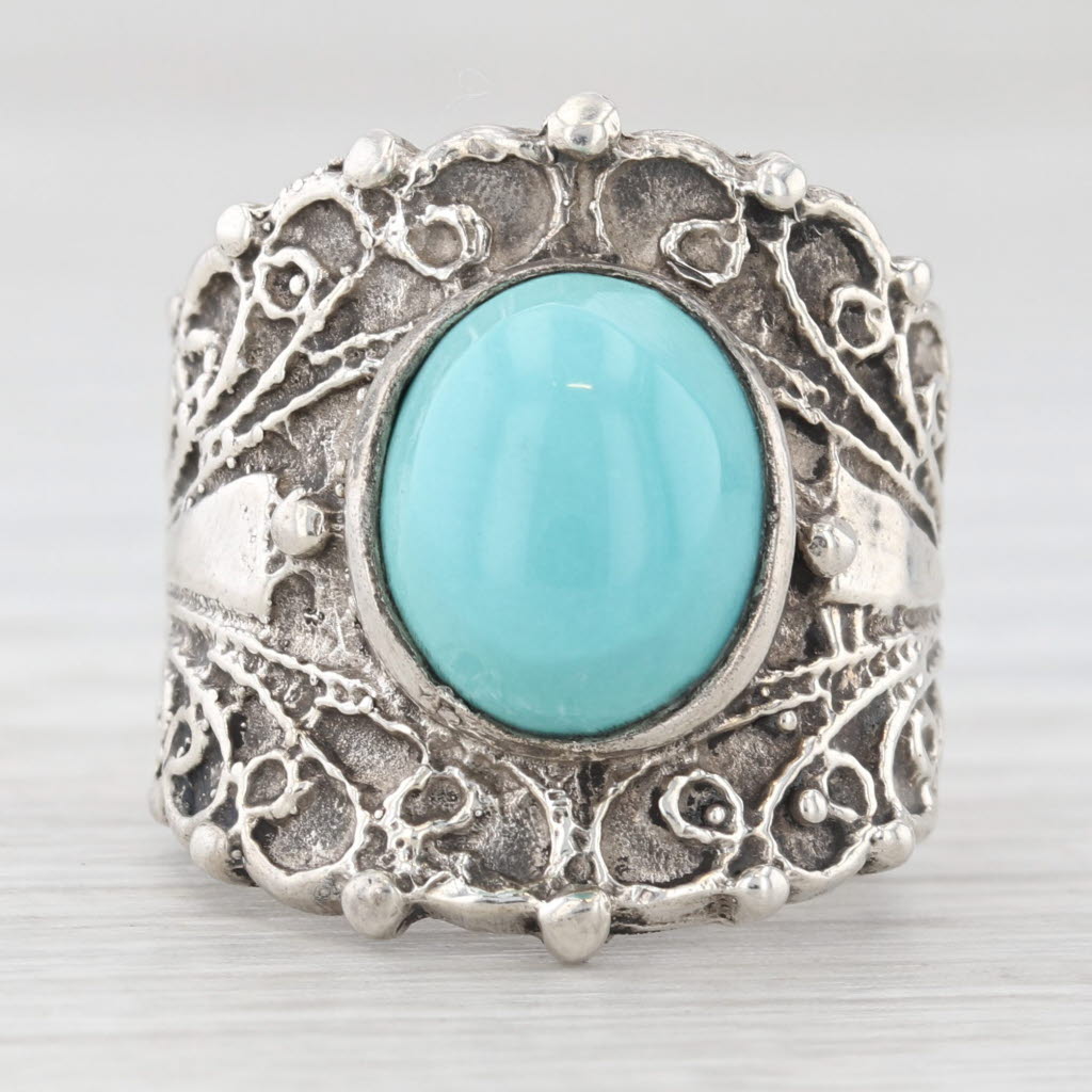 Light Gray Vintage Lab Created Turquoise Ornate Ring Sterling Silver Size 6 Oval Cabochon