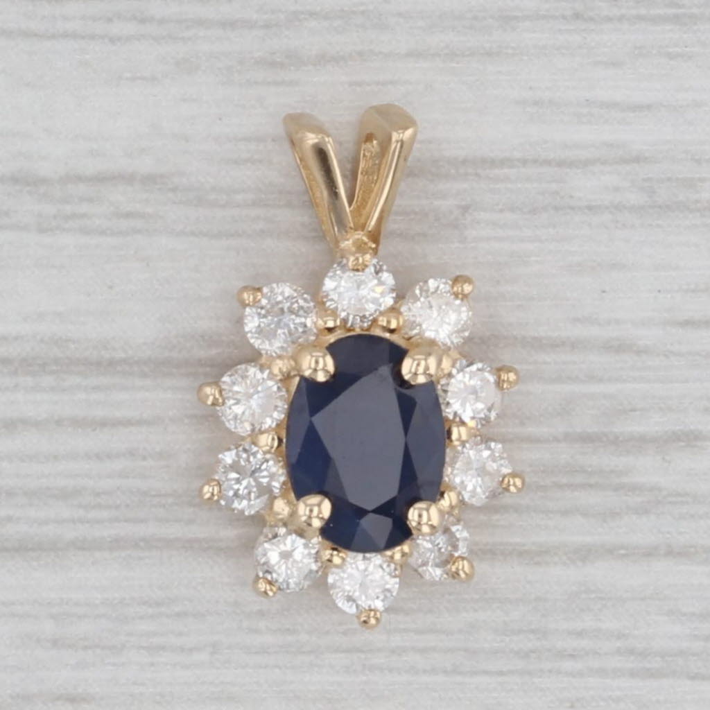 Gray 1.30ctw Blue Sapphire Diamond Halo Pendant 14k Yellow Gold Small Drop