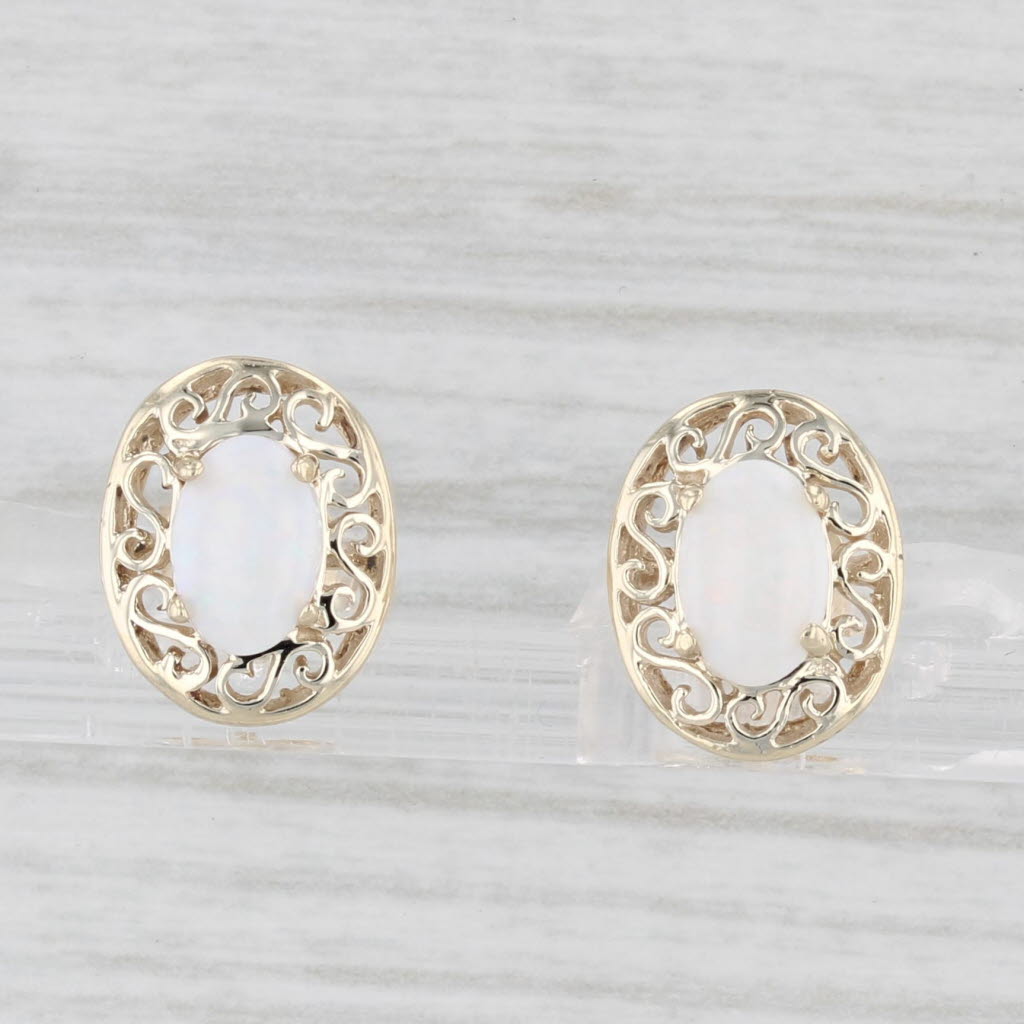 Light Gray Oval Cabochon Opal Stud Earrings 10k Yellow Gold