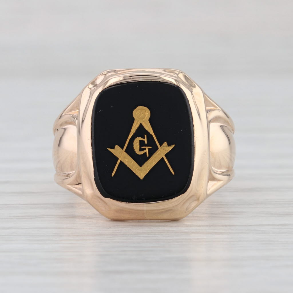 Vintage Onyx Masonic Signet Ring 14k Gold Size 8.75 Blue Lodge Square Compass