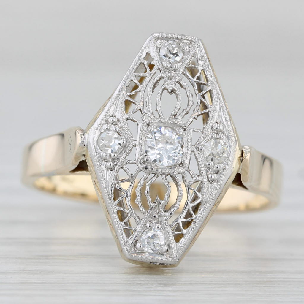 Light Gray Vintage 0.13ctw Diamond Filigree Ring 14k Yellow Gold Platinum Size 7.75