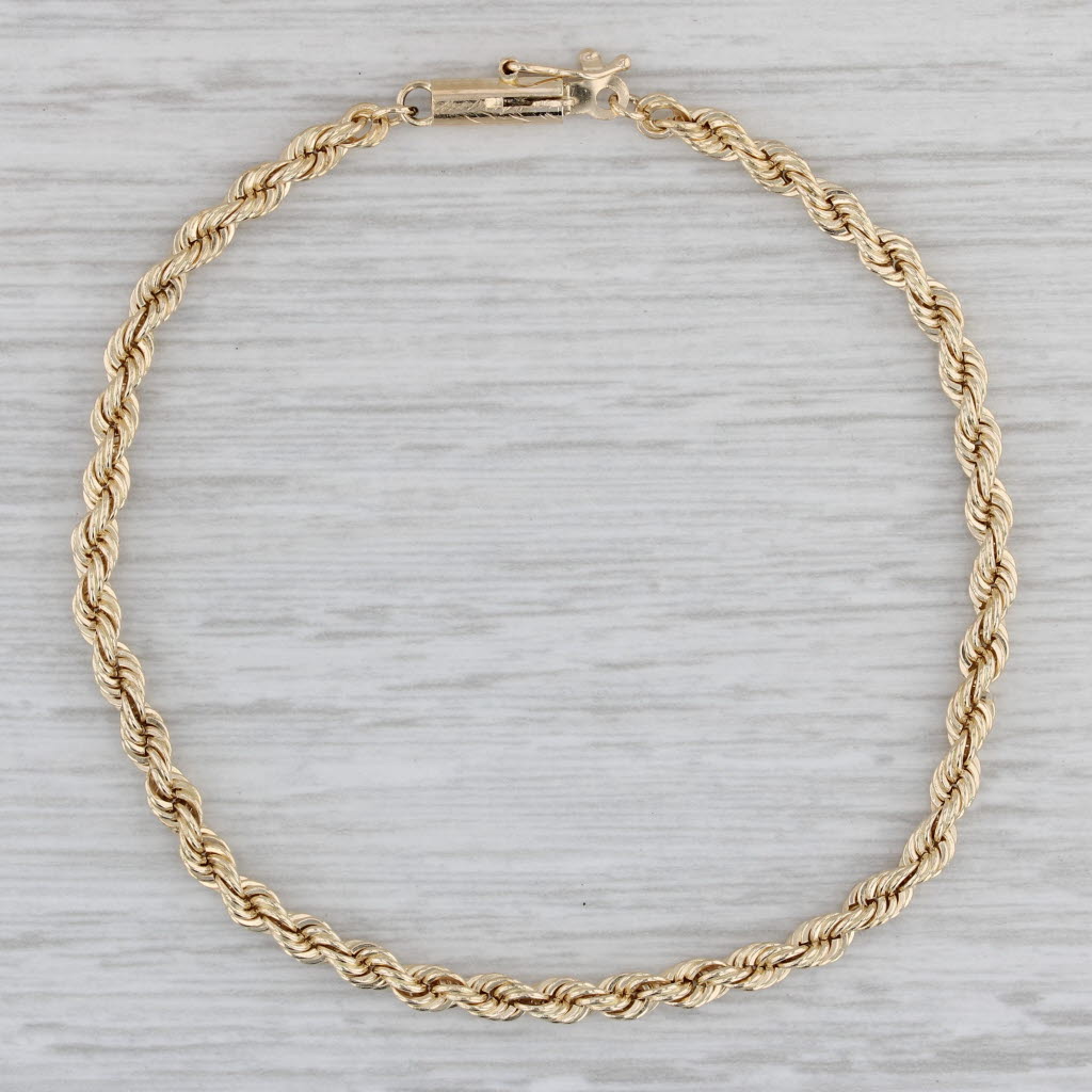 Gray Rope Chain Bracelet 14k Yellow Gold 7" 3.1mm