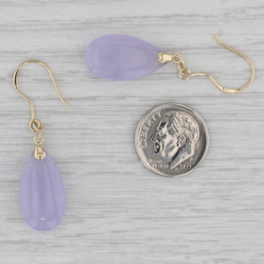 Gray Dyed Lavender Chalcedony Dangle Earrings 14k Yellow Gold Hook Posts