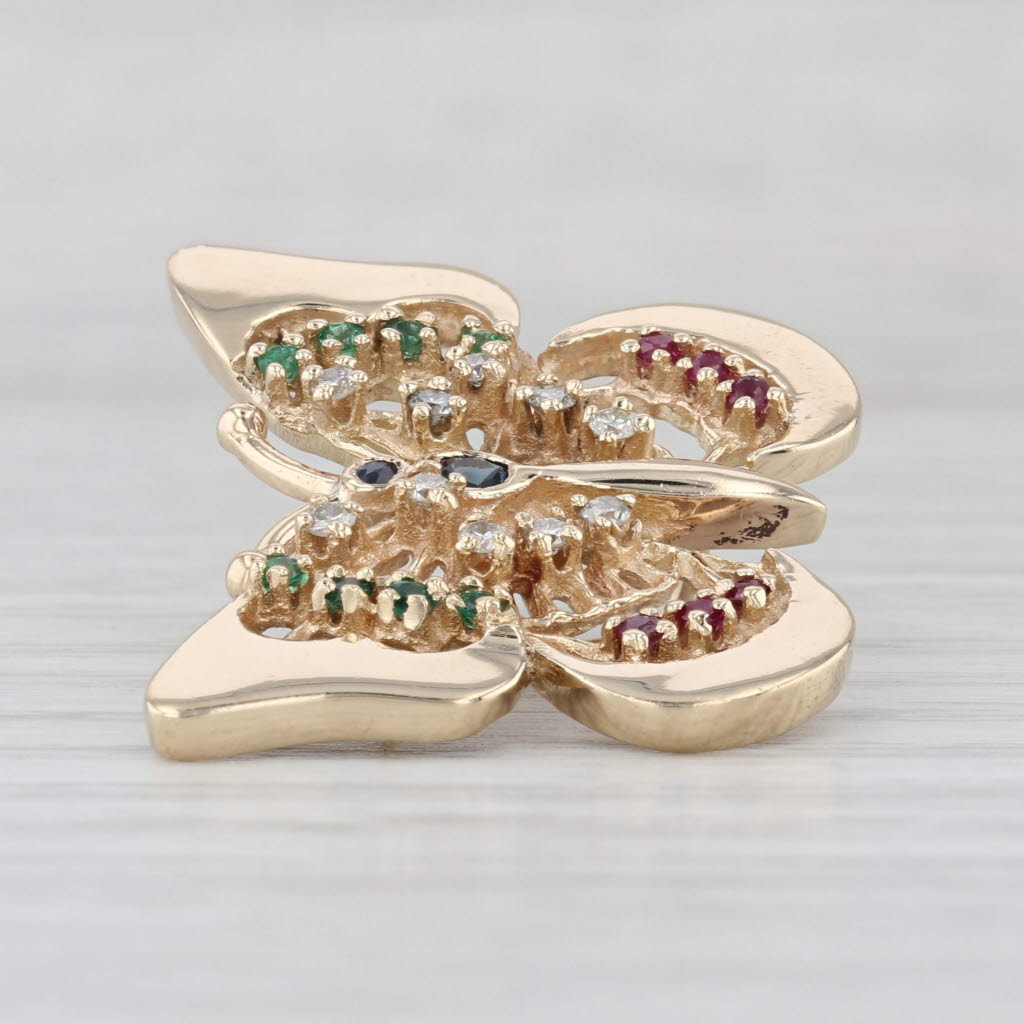 0.60ctw Gemstone Butterfly Pendant 14k Yellow Gold Diamond Ruby Emerald Sapphire