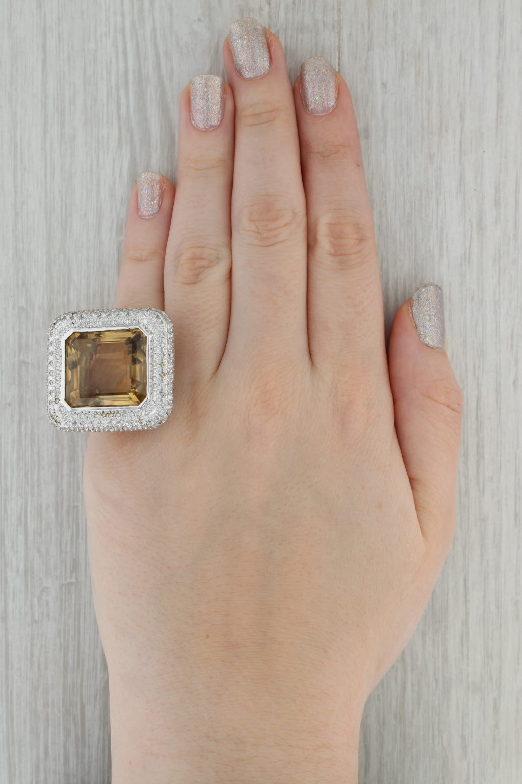 Dark Gray 42.10ctw Citrine Diamond Halo Ring 14k Gold Large Cocktail Size 5.75