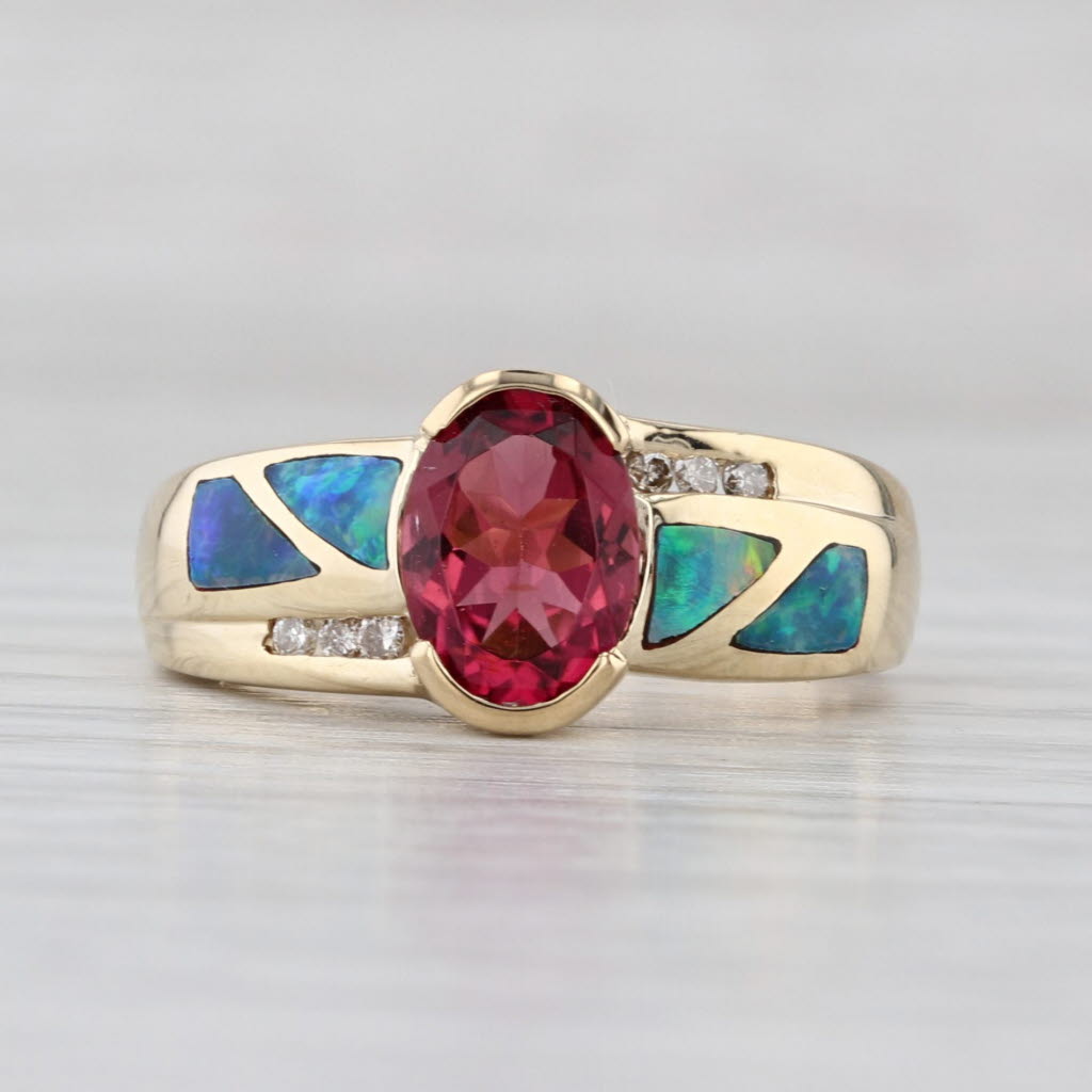 1.36ctw Tourmaline Rubellite Diamond Opal Ring 14k Yellow Gold Size 6.25