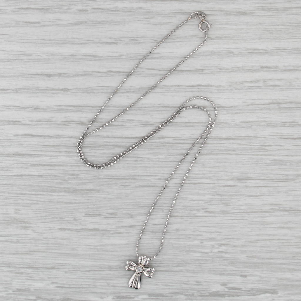 Diamond Solitaire Cross Pendant Bead Necklace 14k White Gold 15.75"