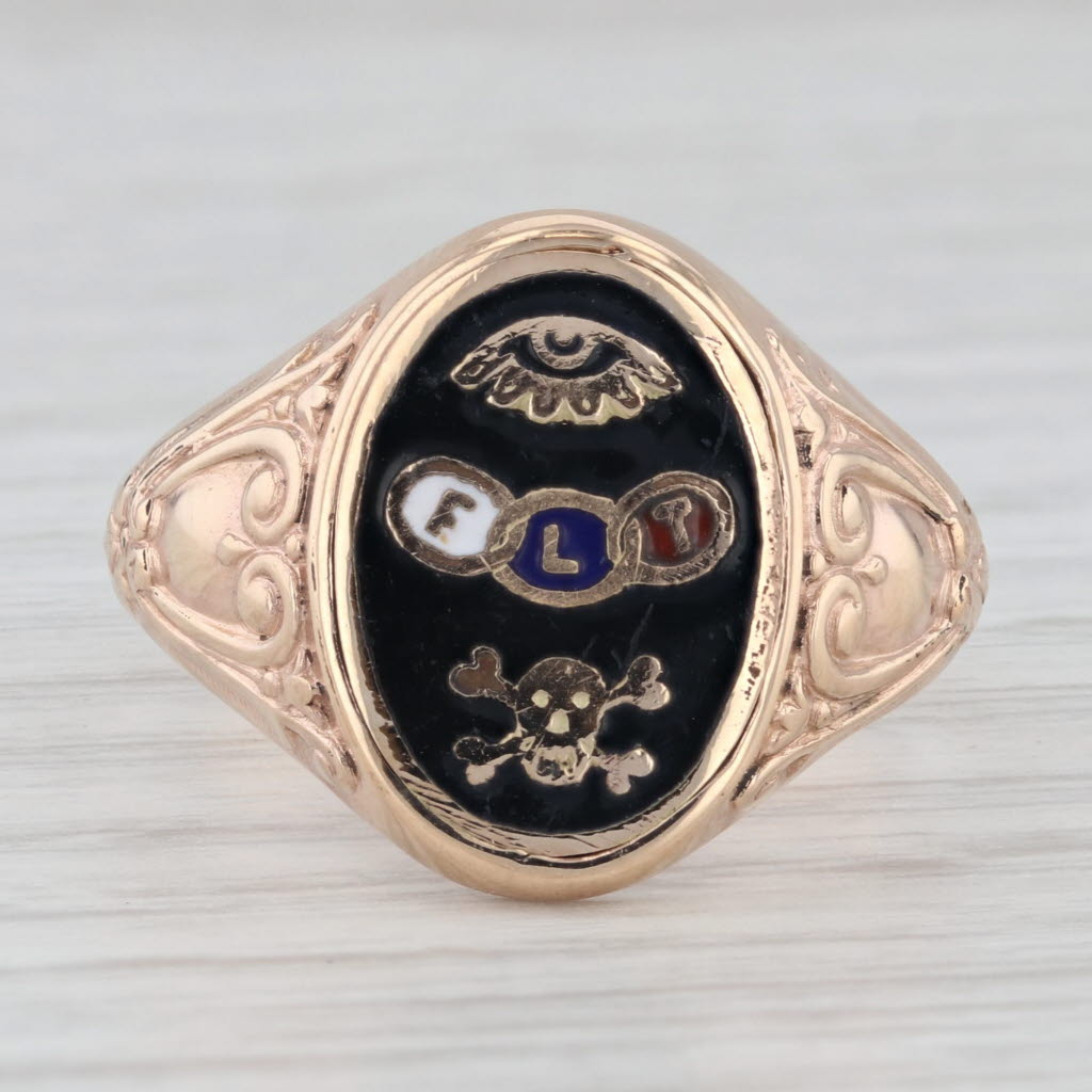 Light Gray Vintage Odd Fellow Ring 10k Yellow Gold Eye FLT Rings Skull Signet Size 10