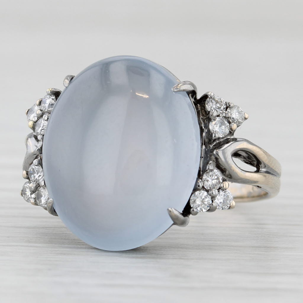 Gray Ice Gray Jadeite Jade Ring 18k Gold Oval Cabochon 0.27ctw Diamond Sz 6.5 Papers