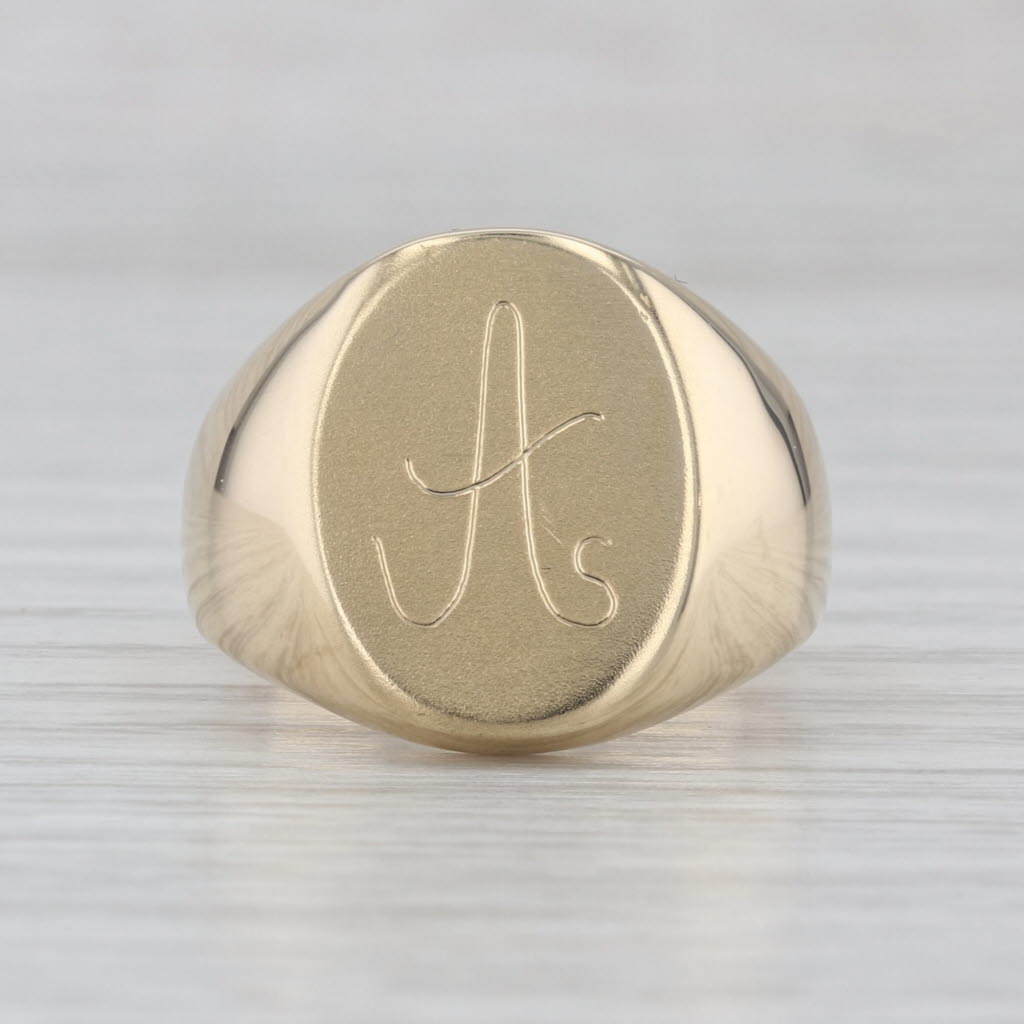 Engraved Scripted Initial Letter A Signet Ring 14k Yellow Gold Size 6.25