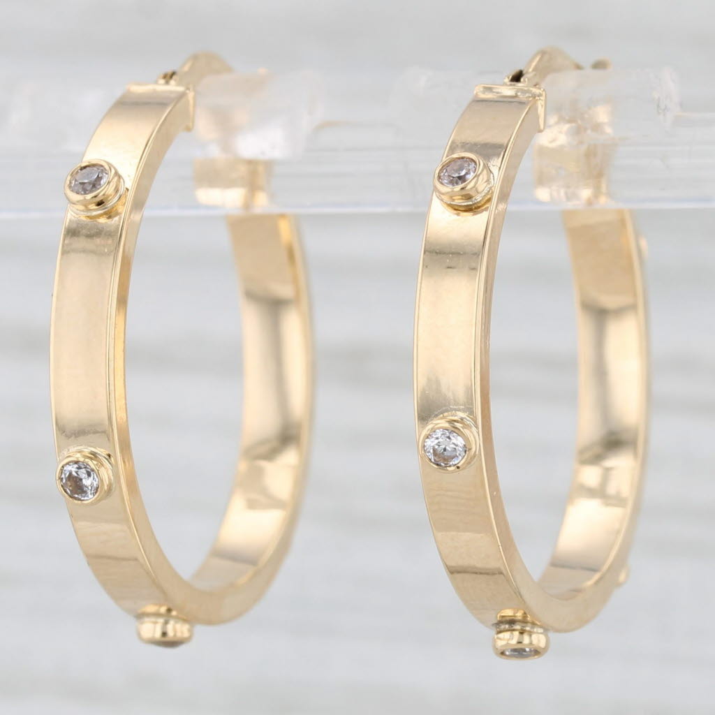 Light Gray New Cubic Zirconia Hoop Earrings 14k Yellow Gold Snap Top Round Hoops