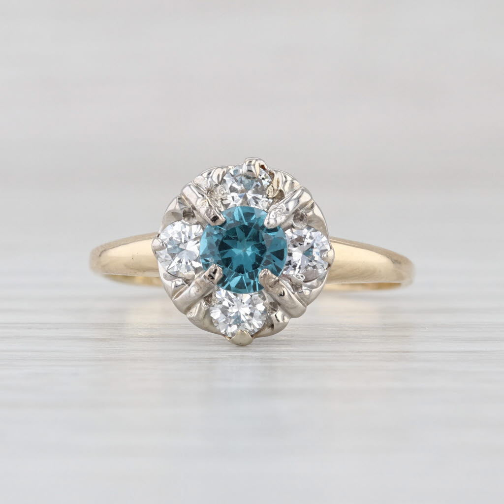 Vintage 0.94ctw Blue Topaz Diamond Halo Engagement Ring 14k Yellow Gold Size 8.5