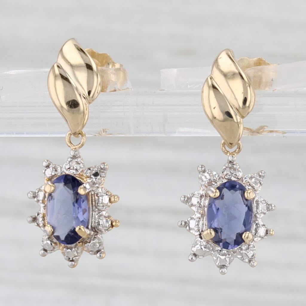 0.59ctw Blue Iolite Diamond Drop Earrings 14k Yellow Gold