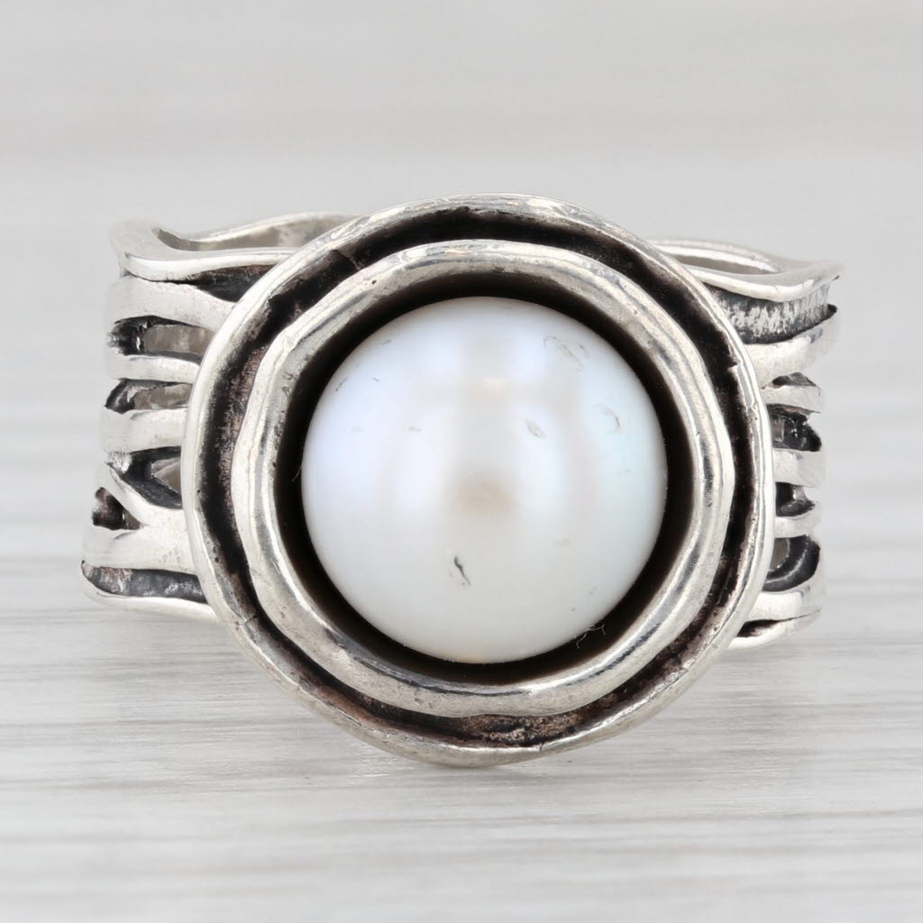 Light Gray Didae Cultured Button Pearl Solitaire Ring Sterling Silver Size 7.5 Statement