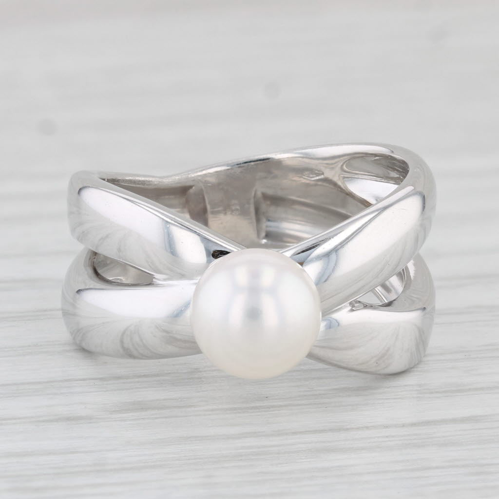 Light Gray Akoya Cultured Pearl Solitaire Ring 18k White Gold Size 8 Double Band
