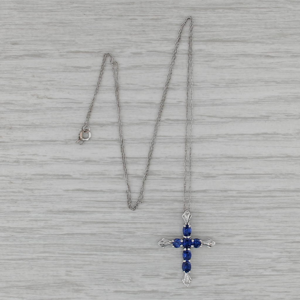 1.12ctw Lab Created Blue Sapphire Diamond Cross Pendant Necklace 18" Rope Chain