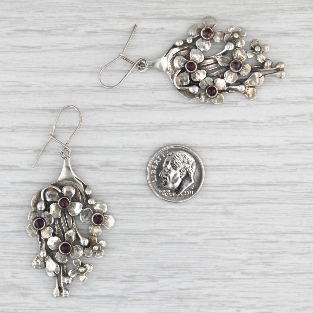 Ruby Flower Dangle Earrings Sterling Silver Hook Posts Statement Drops