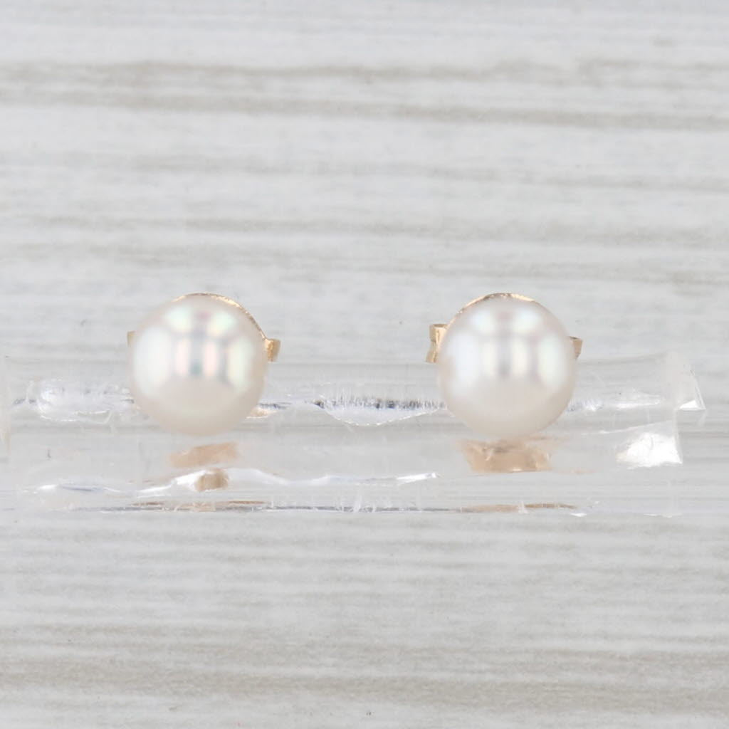 Cultured Pearl Stud Earrings 14k Yellow Gold 5.2mm Round Bead Solitaire Studs