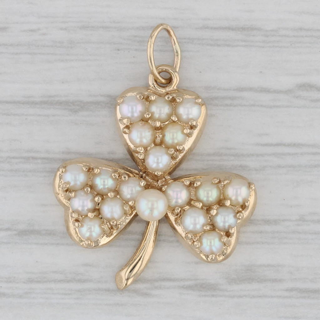 Gray Vintage Cultured Pearl Shamrock Clover Pendant 14k Yellow Gold Charm