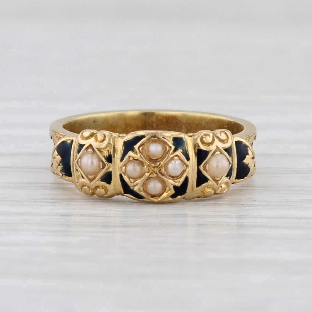Antique Natural & Imitation Pearl Enamel Ring 18k Yellow Gold Size 6 Band