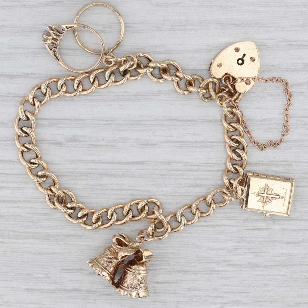 Vintage Bridal Themed Charm Bracelet 9k Gold 6.5" Curb Chain Ring Bible Bells