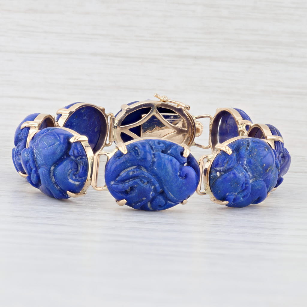 Ornate Carved Oval Cabochon Lapis Lazuli Bracelet 14k Yellow Gold 6.75" 14.4mm