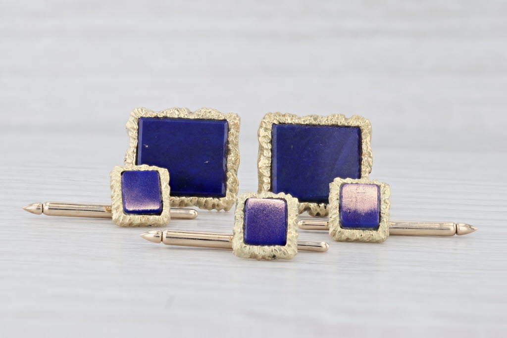 Vintage Cartier Lapis Lazuli Cuff Link Shirt Studs w/ Box 14k Yellow Gold