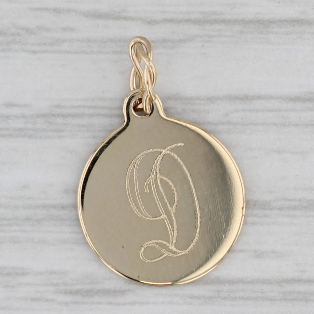 Gray Small Engraved Letter Initial "D" Charm 14k Yellow Gold Pendant