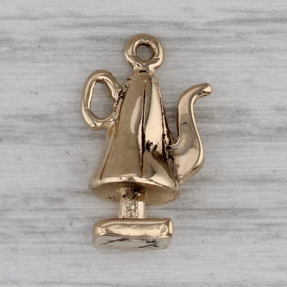 Dark Gray Vintage Old Salem Tea Kettle Charm 14k Yellow Gold Souvenir Pendant
