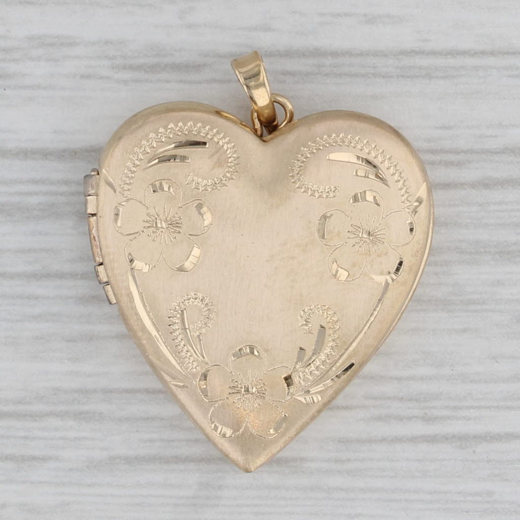 Gray Floral Engraved Heart Locket Pendant 14k Yellow Gold Engravable