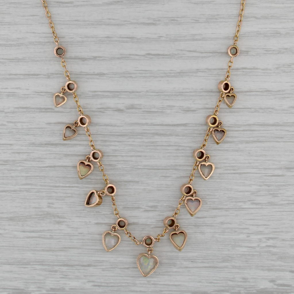 Vintage Opal Heart Drops Station Necklace 9k Yellow Gold 16" Tube Clasp