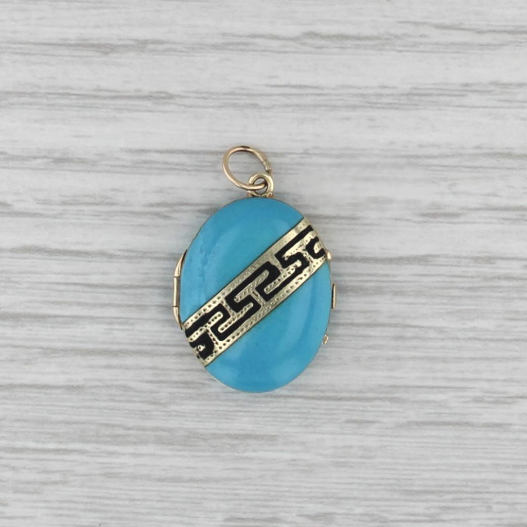 Antique Enamel Locket Pendant 9-12k Gold Charm Greek Key Picture Inside